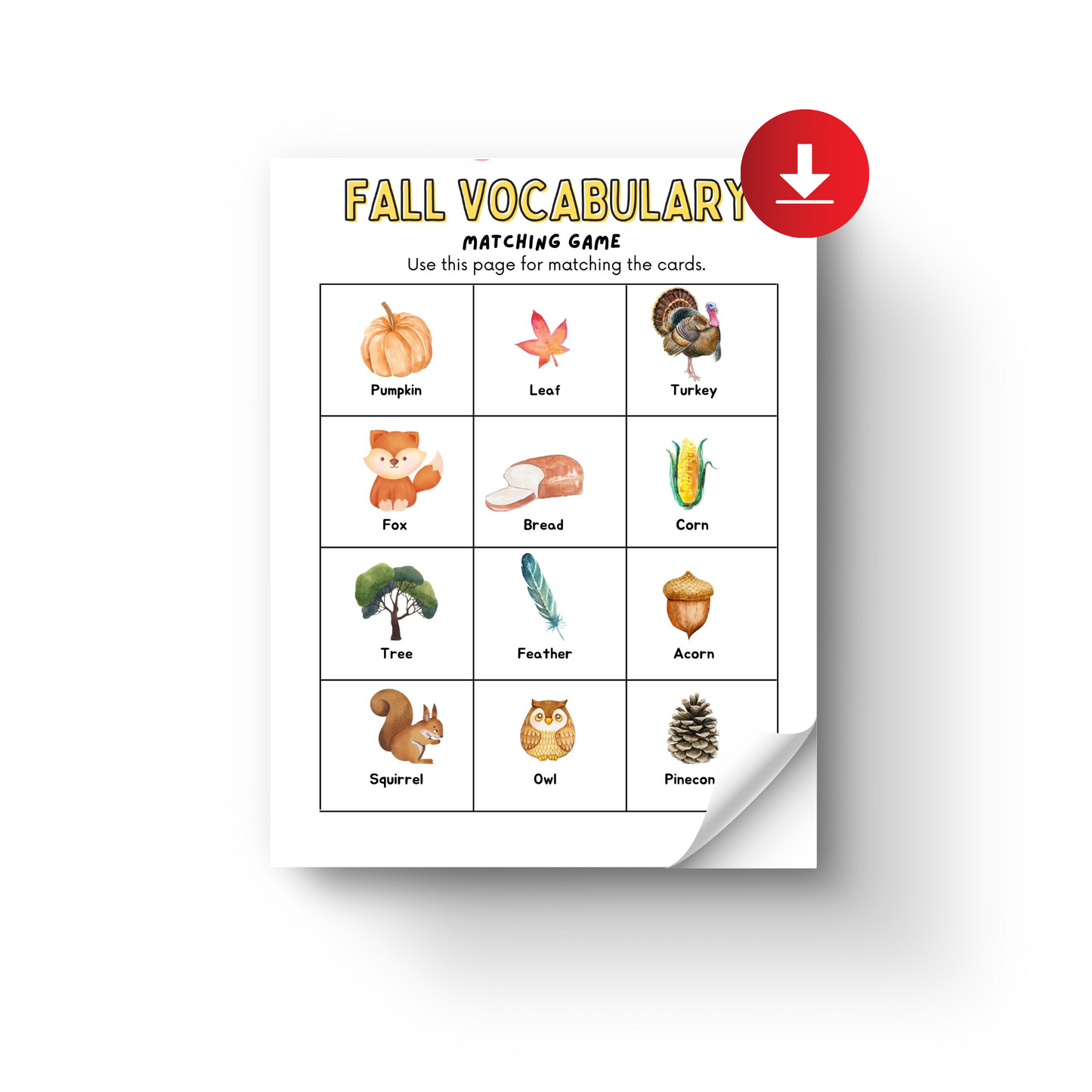 Fall Vocabulary Matching Game for Speech Therapy - Printable